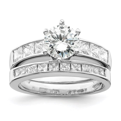 Sterling Silver Rhodium Plated Cz 2 Piece Wedding Ring Set