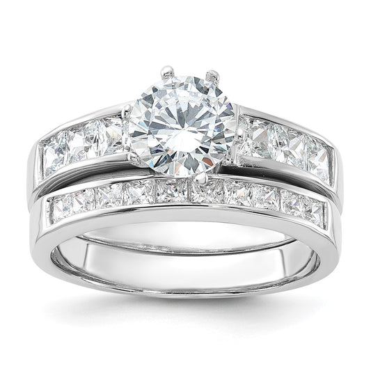 Sterling Silver Rhodium Plated Cz 2 Piece Wedding Ring Set