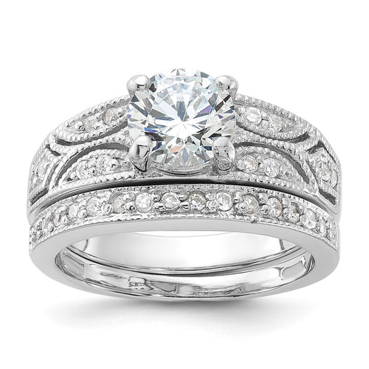Sterling Silver Rhodium Plated 2 Piece Cz Wedding Set Ring