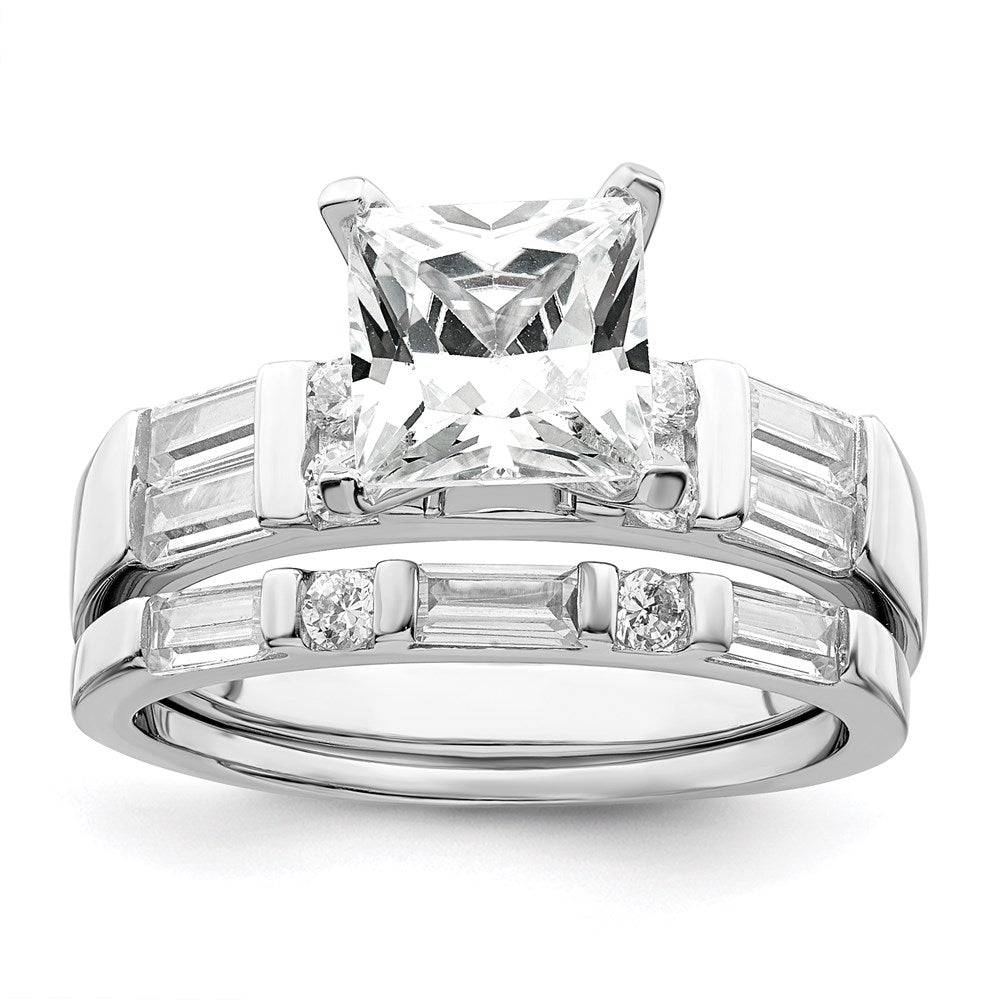 Sterling Silver Rhodium Plated Cz Engagement Ring And Wedding Band Two Piece Set