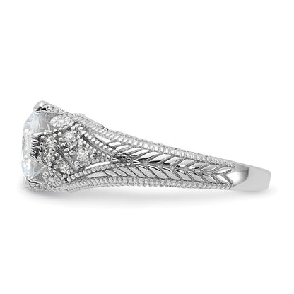 Sterling Silver Rhodium Plated Cz Antique Style Ring