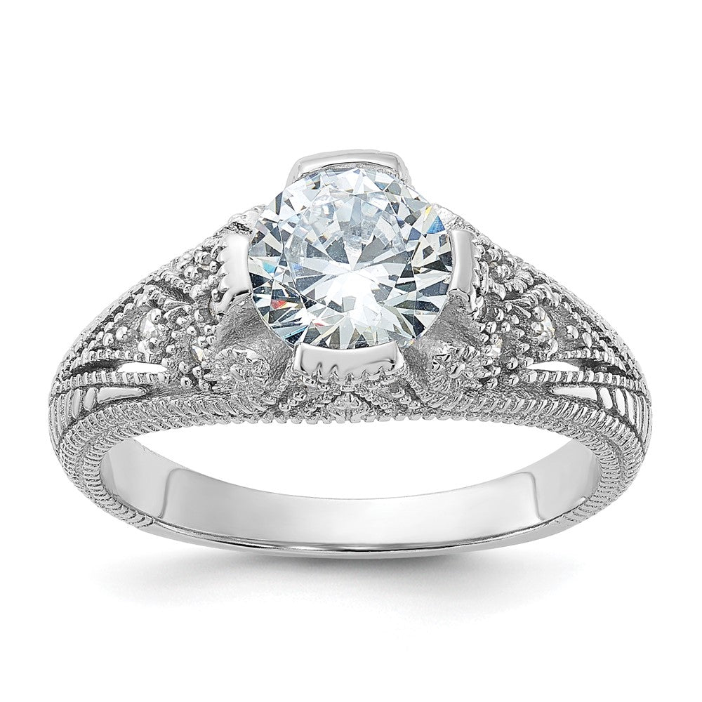 Sterling Silver Rhodium Plated Cz Antique Style Ring