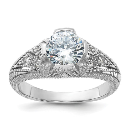 Sterling Silver Rhodium Plated Cz Antique Style Ring
