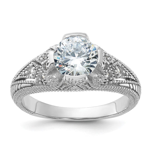 Sterling Silver Rhodium Plated Cz Antique Style Ring