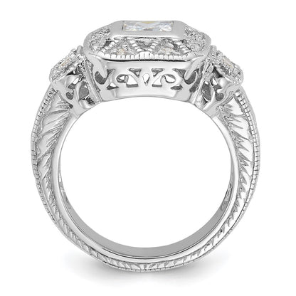 Sterling Silver Rhodium Plated Cz Antique Style Ring