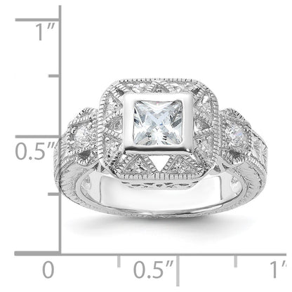 Sterling Silver Rhodium Plated Cz Antique Style Ring