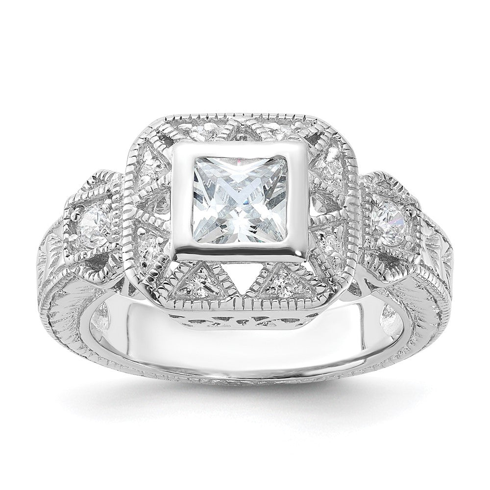 Sterling Silver Rhodium Plated Cz Antique Style Ring