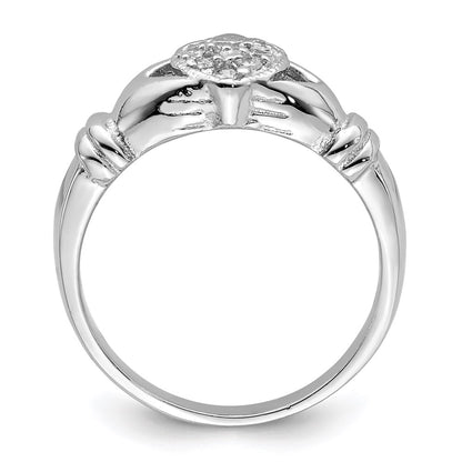 Sterling Silver Rhodium Plated Cz Claddagh Ring