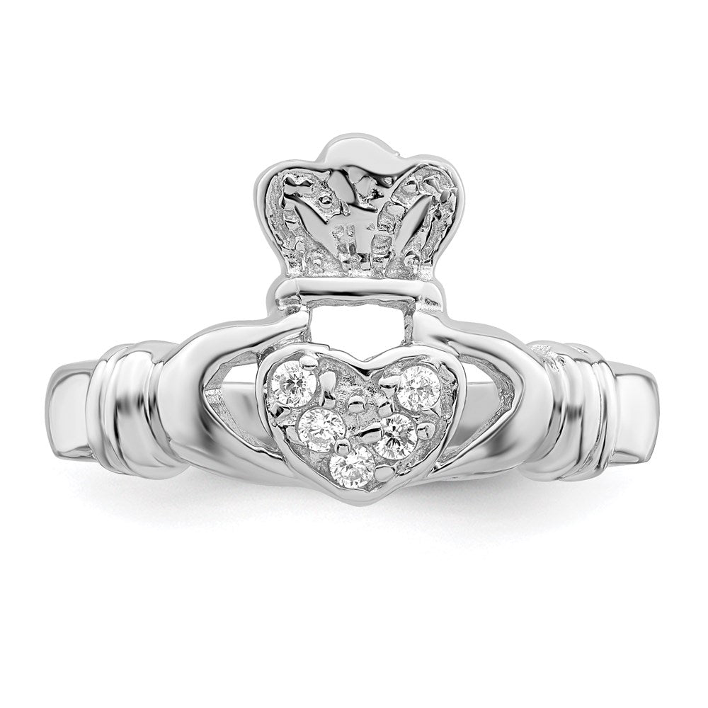 Sterling Silver Rhodium Plated Cz Claddagh Ring