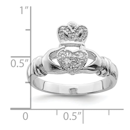 Sterling Silver Rhodium Plated Cz Claddagh Ring
