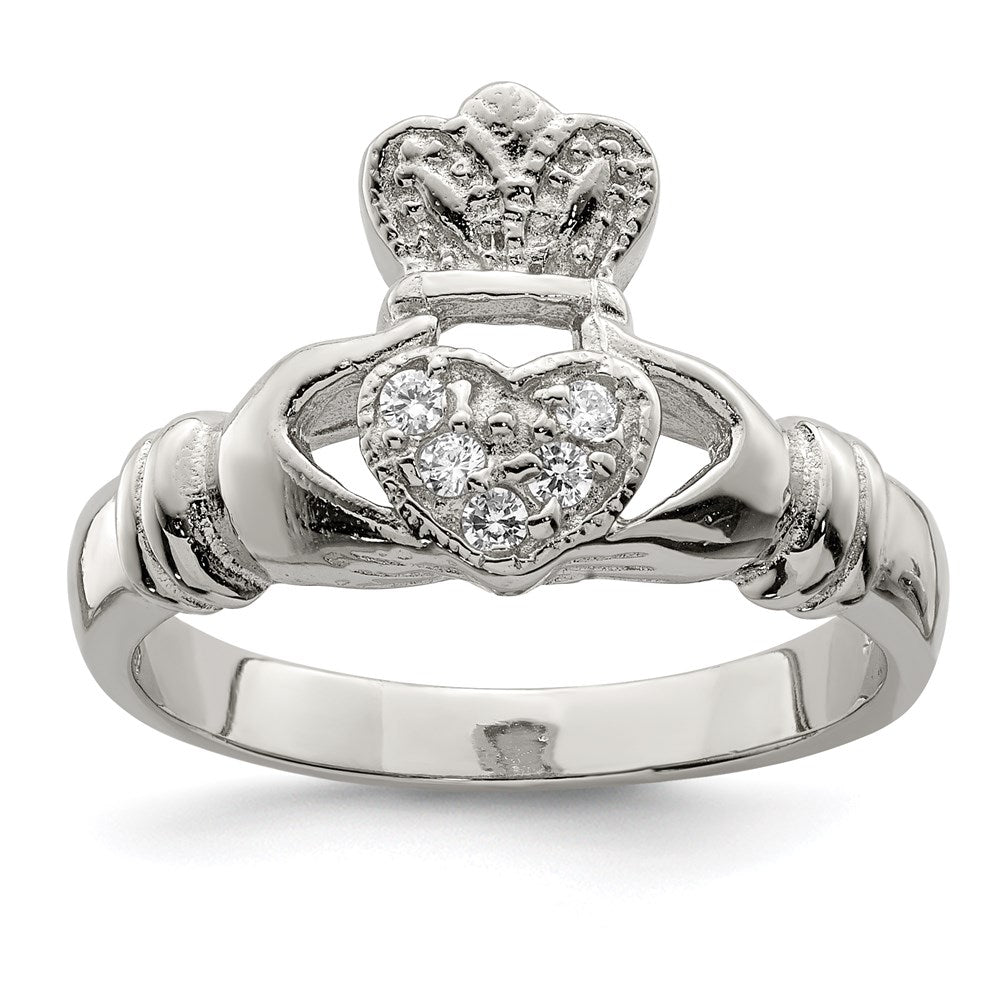 Sterling Silver Rhodium Plated Cz Claddagh Ring