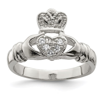 Sterling Silver Rhodium Plated Cz Claddagh Ring
