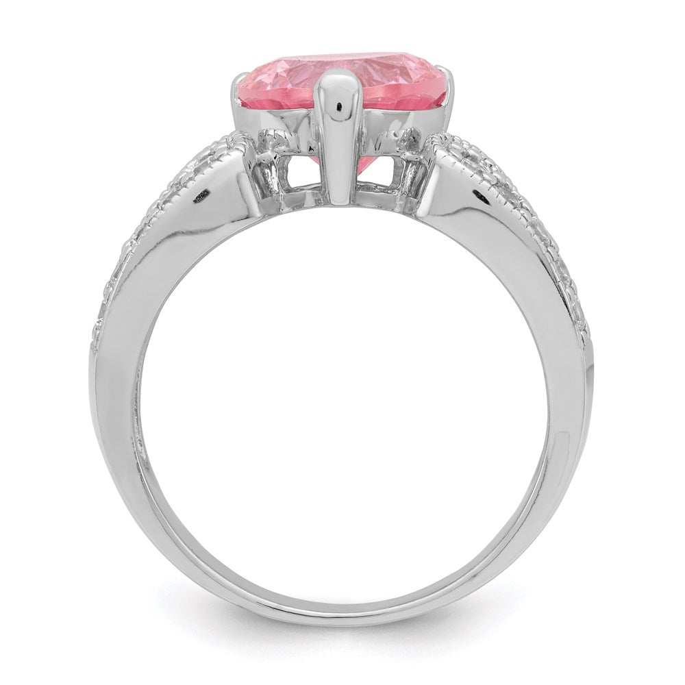 Sterling Silver Rhodium Plated 10mm Clear Cz And Pink Heart Ring