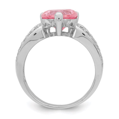 Sterling Silver Rhodium Plated 10mm Clear Cz And Pink Heart Ring