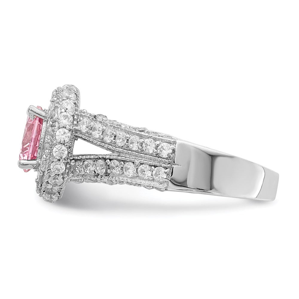 Sterling Silver Rhodium Plated 10mm Clear Cz And Pink Heart Ring