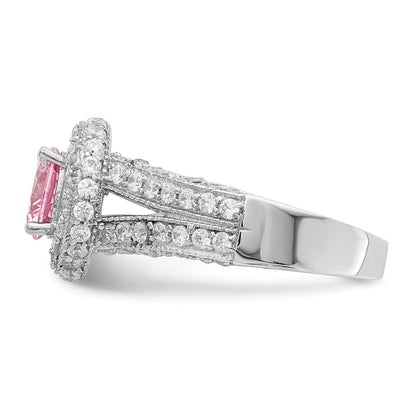 Sterling Silver Rhodium Plated 10mm Clear Cz And Pink Heart Ring