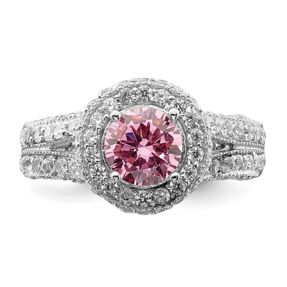 Sterling Silver Rhodium Plated 10mm Clear Cz And Pink Heart Ring