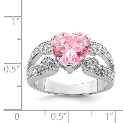 Sterling Silver Rhodium Plated 10mm Clear Cz And Pink Heart Ring