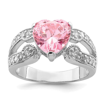 Sterling Silver Rhodium Plated 10mm Clear Cz And Pink Heart Ring