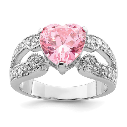 Sterling Silver Rhodium Plated 10mm Clear Cz And Pink Heart Ring