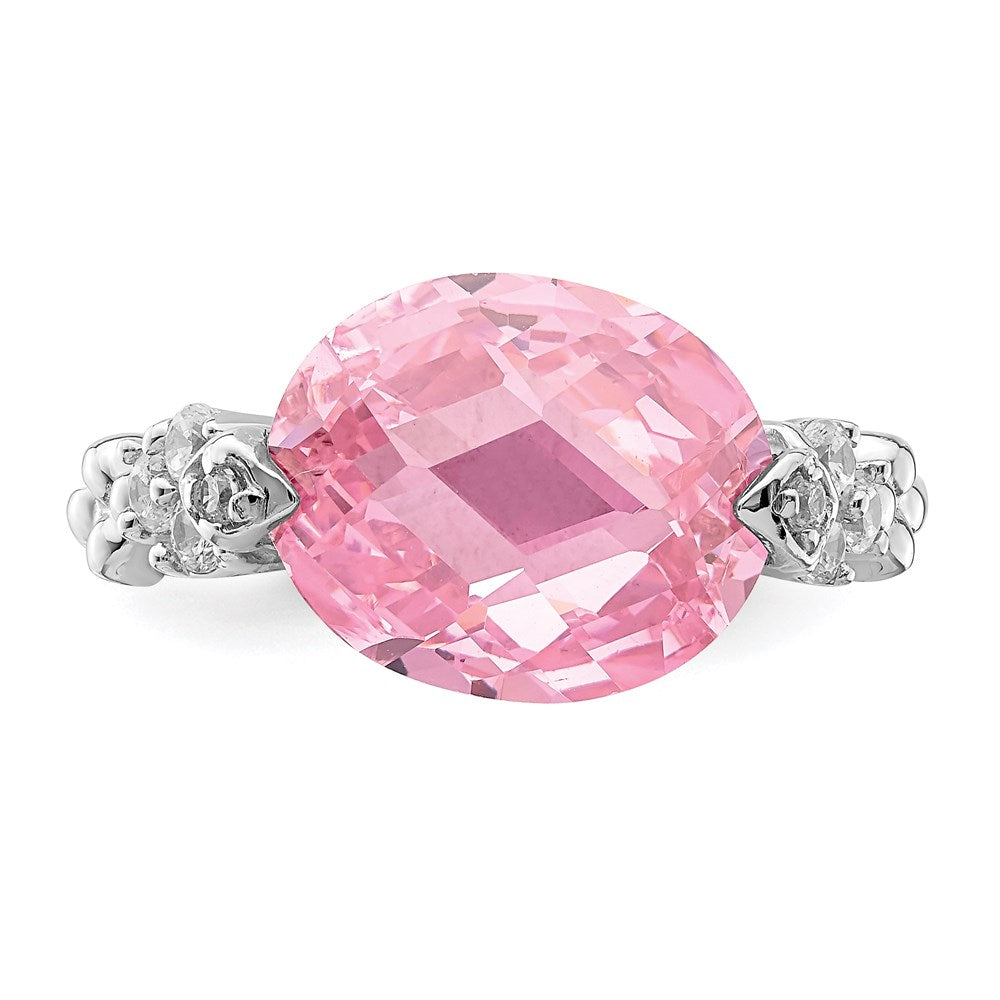 Sterling Silver Rhodium Plated Pink And Clear Cz Ring