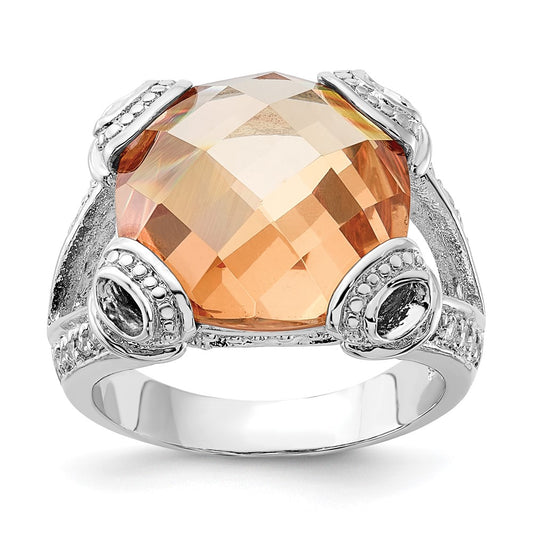 Sterling Silver Polished Champagne & Clear Cz Ring
