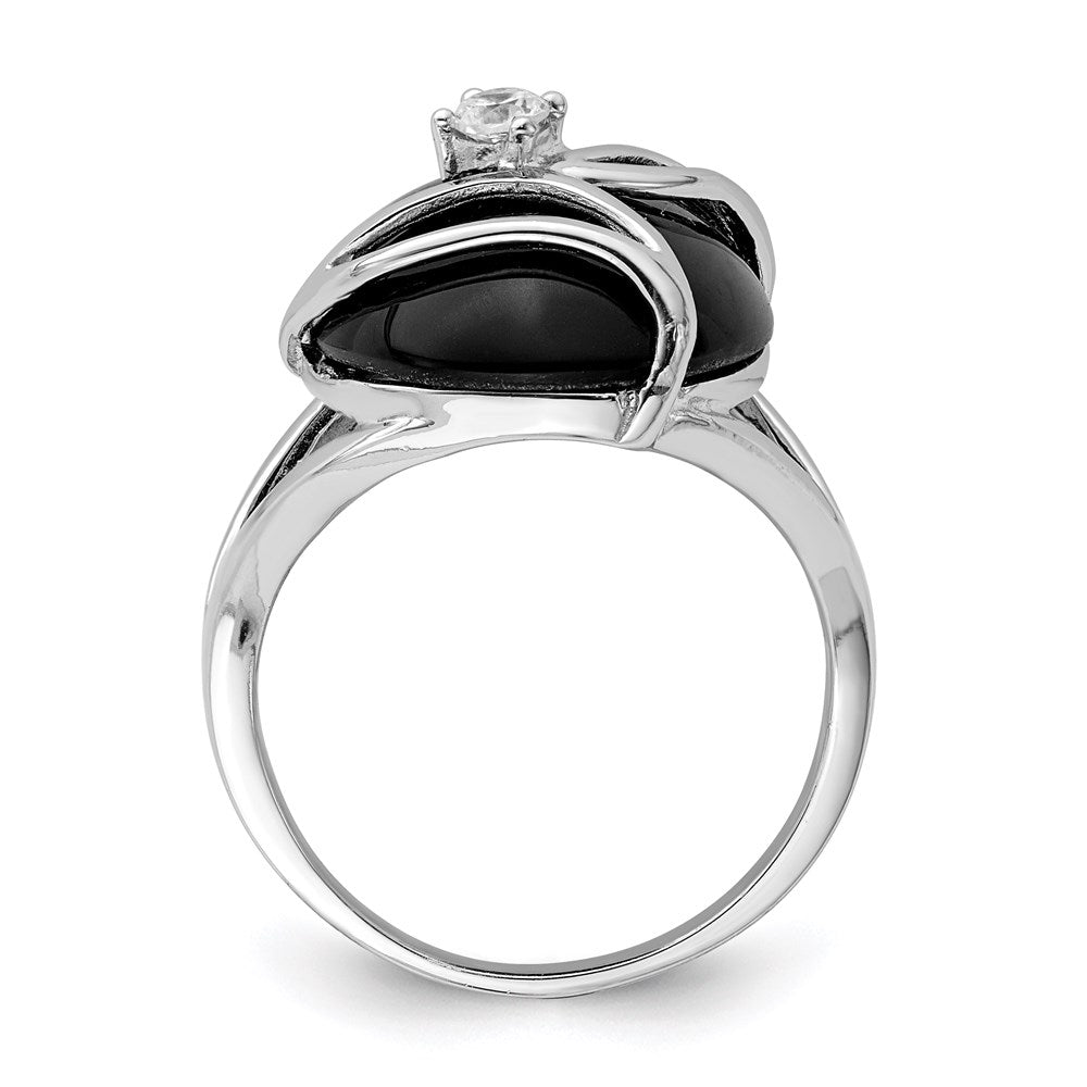 Sterling Silver Rhodium Plated Onyx And Cz Ring