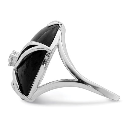 Sterling Silver Rhodium Plated Onyx And Cz Ring