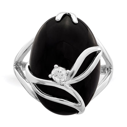 Sterling Silver Rhodium Plated Onyx And Cz Ring