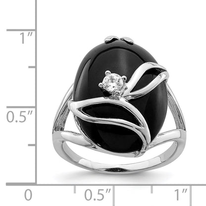 Sterling Silver Rhodium Plated Onyx And Cz Ring