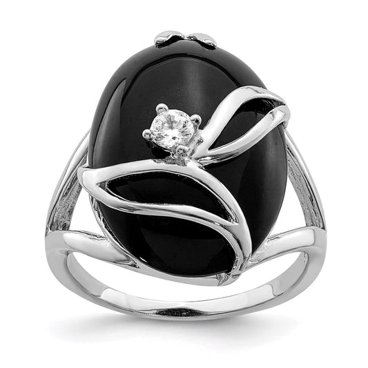 Sterling Silver Rhodium Plated Onyx And Cz Ring