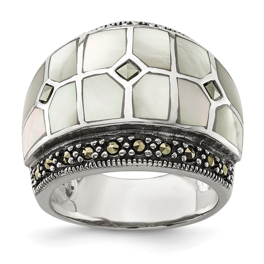 Sterling Silver Marcasite & Mother Of Pearl Ring