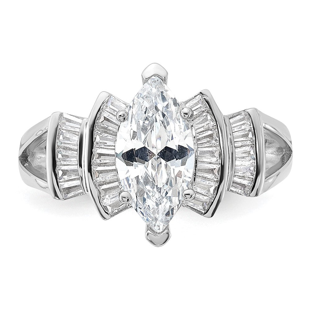 Sterling Silver Rhodium Plated Marquise Shape Center Cz Ring