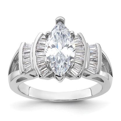 Sterling Silver Rhodium Plated Marquise Shape Center Cz Ring