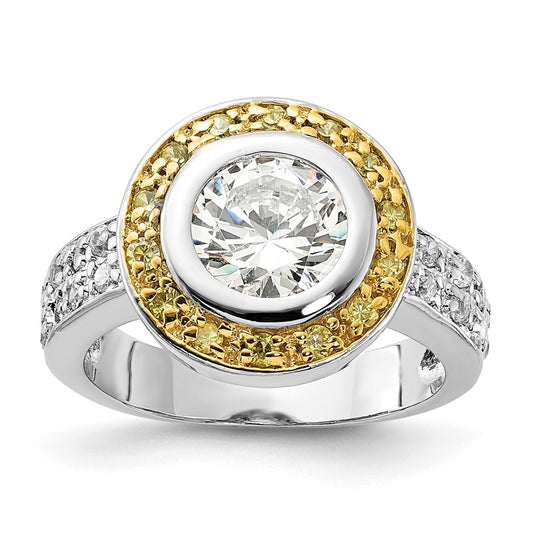 Sterling Silver & Gold Tone Vermeil Polished Yellow Clear Cz Circle Ring