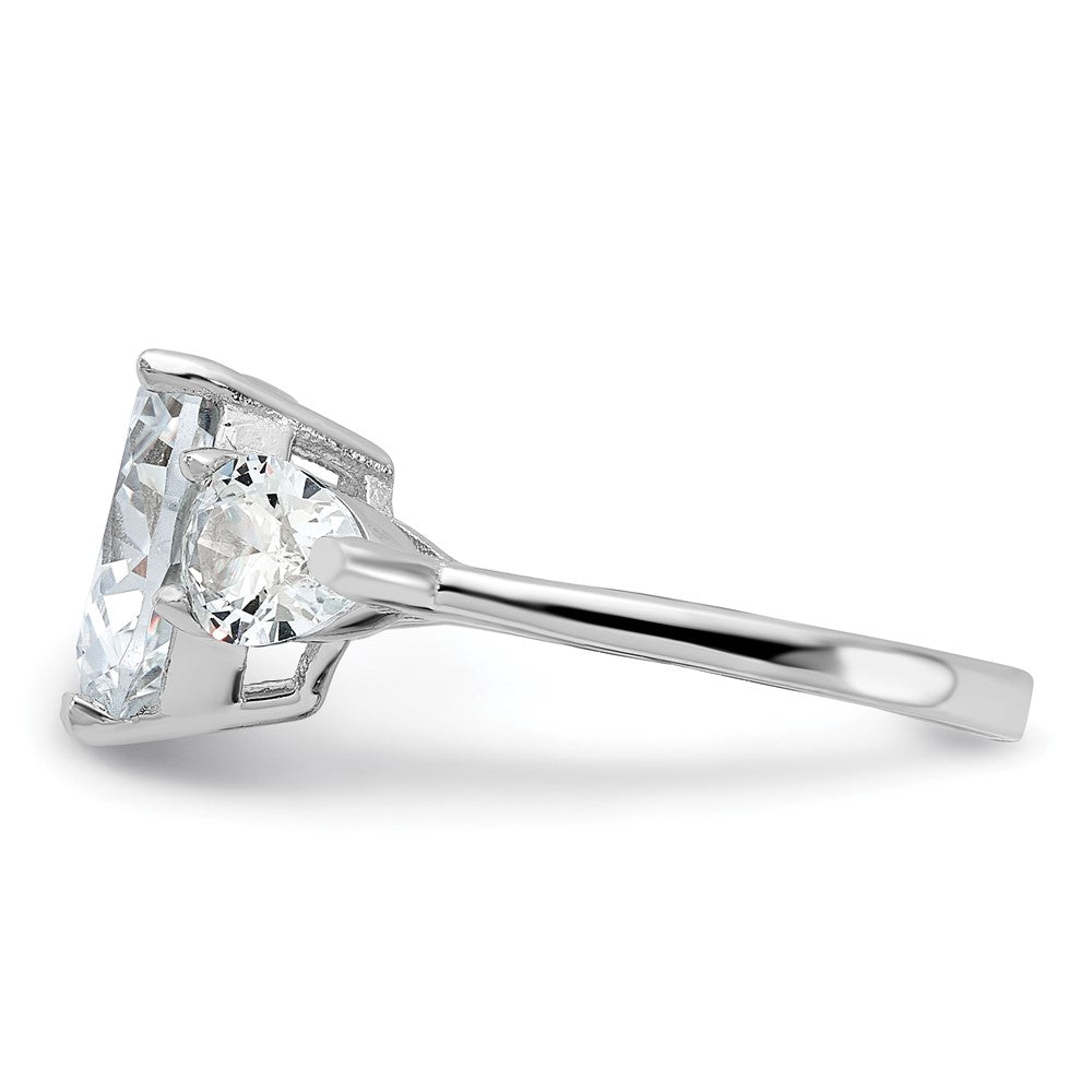 Sterling Silver Rhodium Plated Heart Shape Center Cz 3 Stone Ring