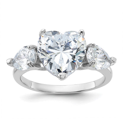 Sterling Silver Rhodium Plated Heart Shape Center Cz 3 Stone Ring