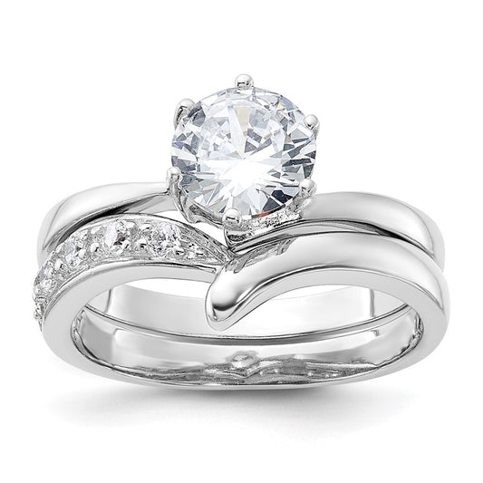 Sterling Silver Rhodium Plated 2 Piece Cz Wedding Ring Set