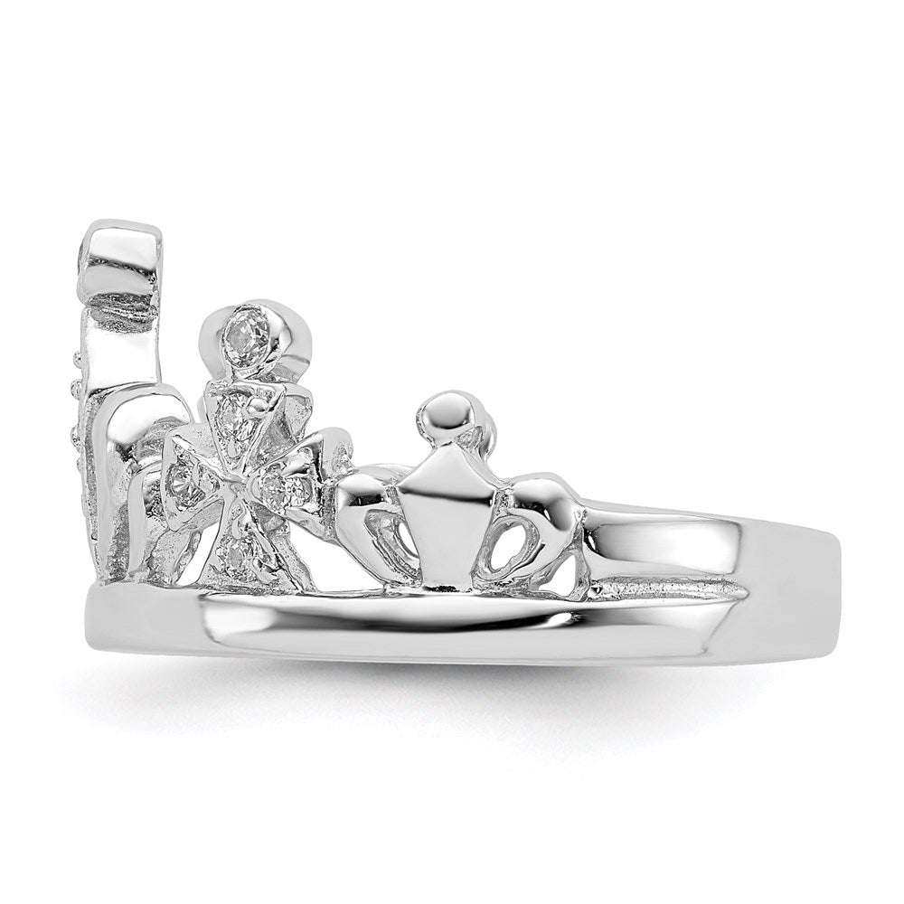 Sterling Silver Rhodium Plated Cz Crown Ring