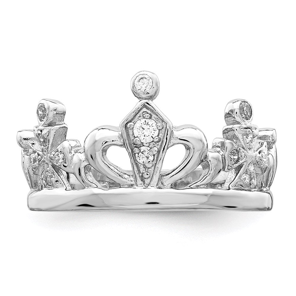 Sterling Silver Rhodium Plated Cz Crown Ring