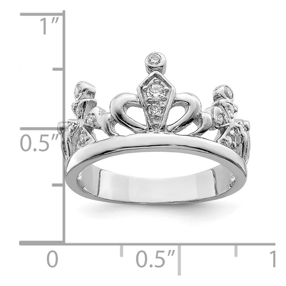 Sterling Silver Rhodium Plated Cz Crown Ring