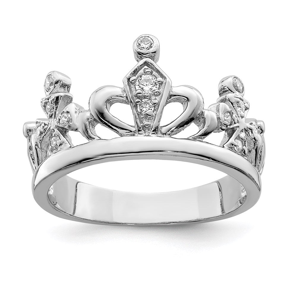 Sterling Silver Rhodium Plated Cz Crown Ring