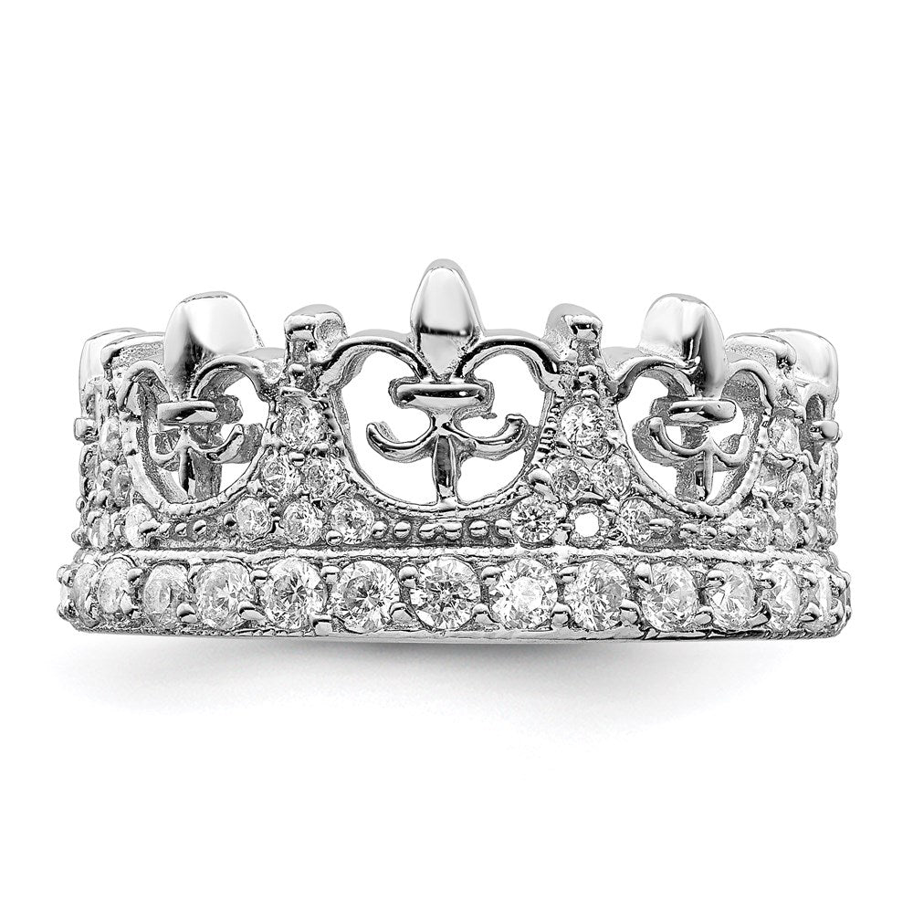Sterling Silver Rhodium Plated Fleur De Lis Crown Cz Ring