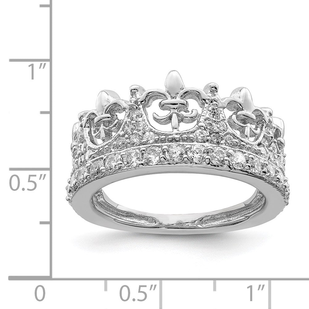 Sterling Silver Rhodium Plated Fleur De Lis Crown Cz Ring