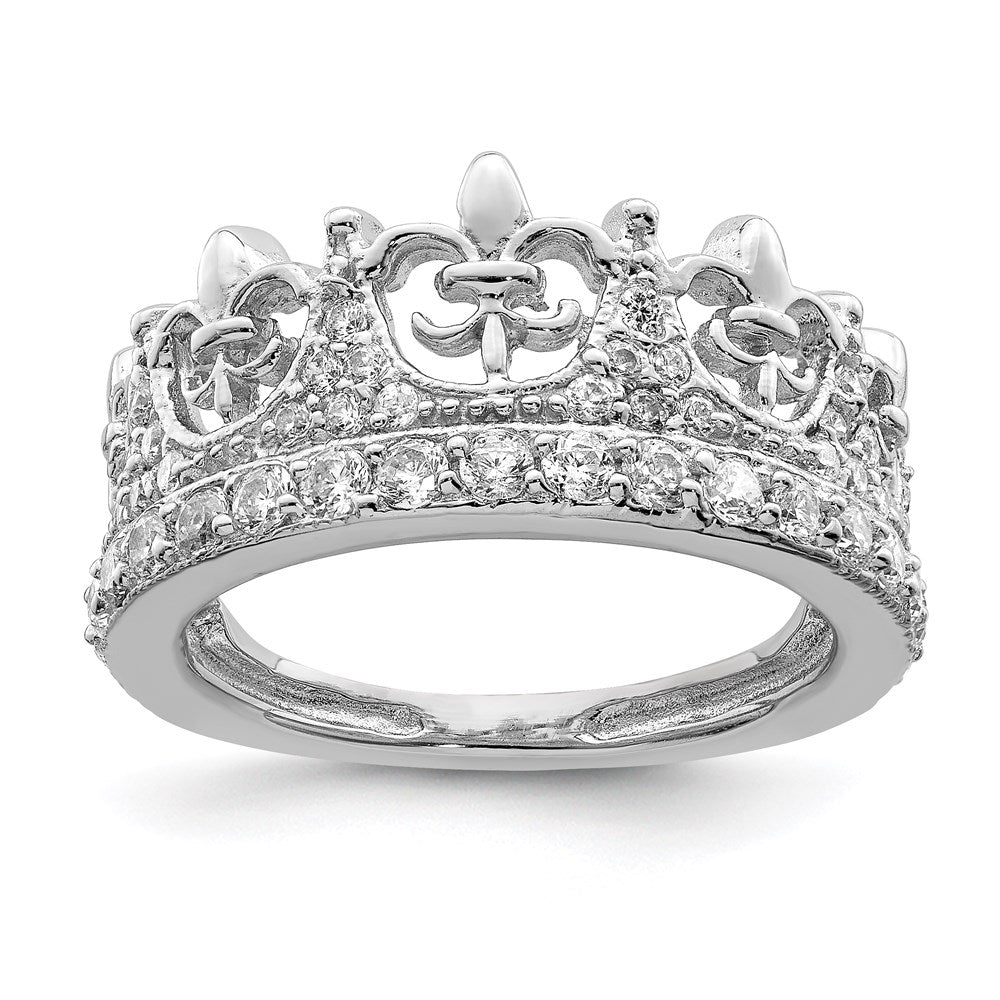 Sterling Silver Rhodium Plated Fleur De Lis Crown Cz Ring