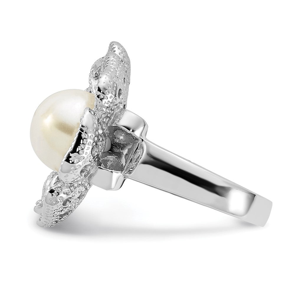 Sterling Silver Polished Simulated Pearl & Cz Flower Ring