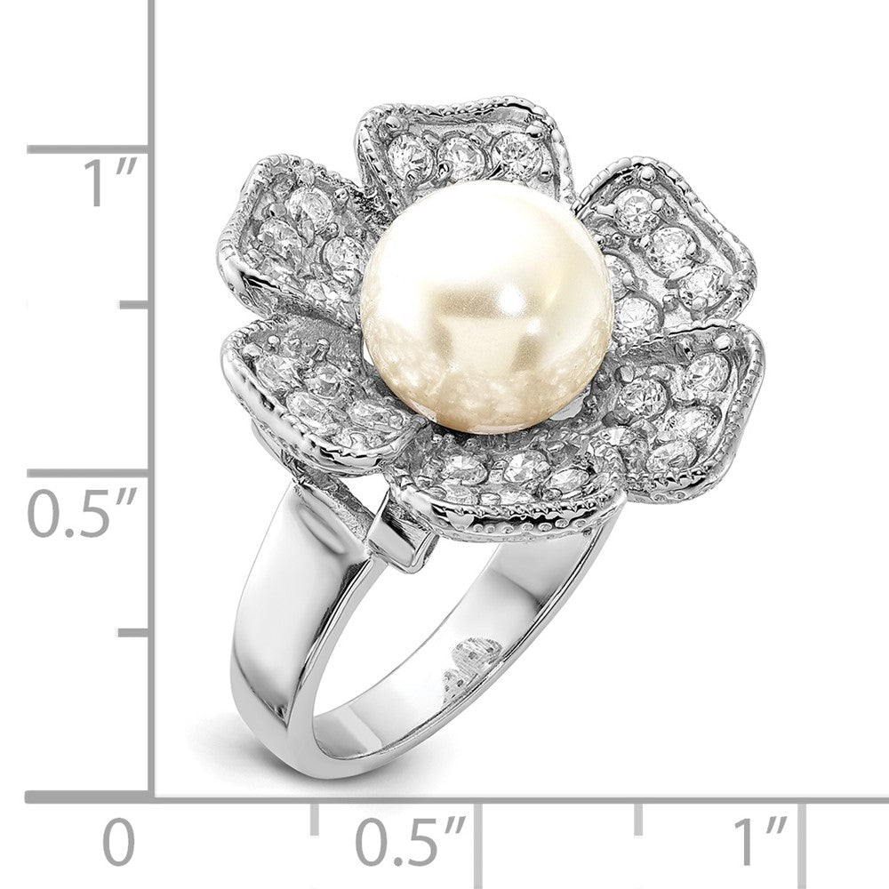 Sterling Silver Polished Simulated Pearl & Cz Flower Ring