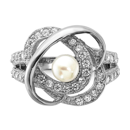 Sterling Silver Polished Simulated Pearl And Cz Ring