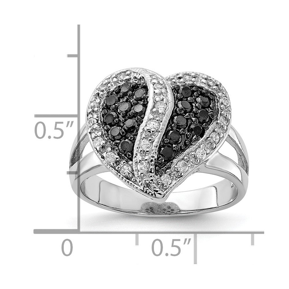 Sterling Silver Polished Black & Clear Cz Heart Ring