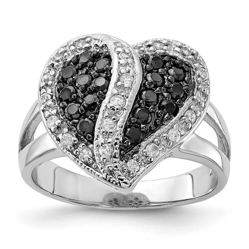 Sterling Silver Polished Black & Clear Cz Heart Ring